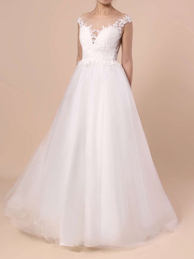 Tulle Scoop Neck Princess Sweep Train Appliques Lace Wedding Dresses #UKM00023132