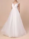 Ball Gown Illusion Tulle Sweep Train Wedding Dresses With Appliques Lace #UKM00023132