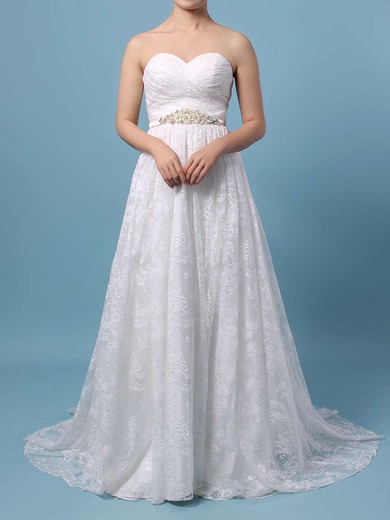 A-line Sweetheart Lace Sweep Train Wedding Dresses With Sashes / Ribbons #UKM00023136