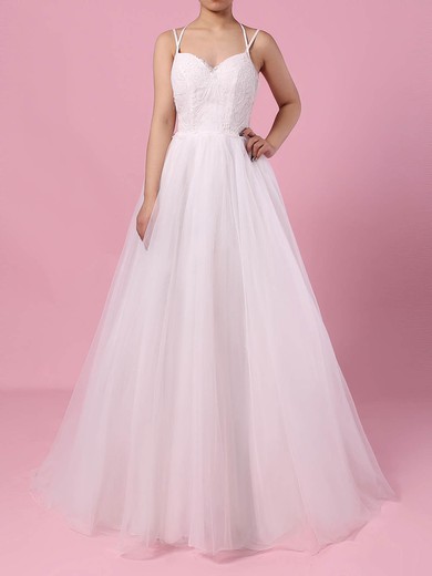 Tulle V-neck A-line Sweep Train Lace Wedding Dresses #UKM00023138
