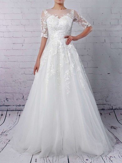 Ball Gown Illusion Tulle Sweep Train Wedding Dresses With Beading #UKM00023168