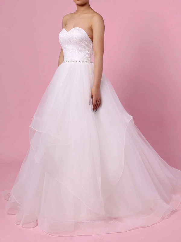 Ball Gown Sweetheart Lace Tulle Sweep Train Wedding Dresses With Cascading Ruffles #UKM00023172