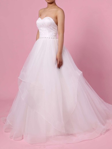 Ball Gown Sweetheart Lace Tulle Sweep Train Wedding Dresses With Cascading Ruffles #UKM00023172