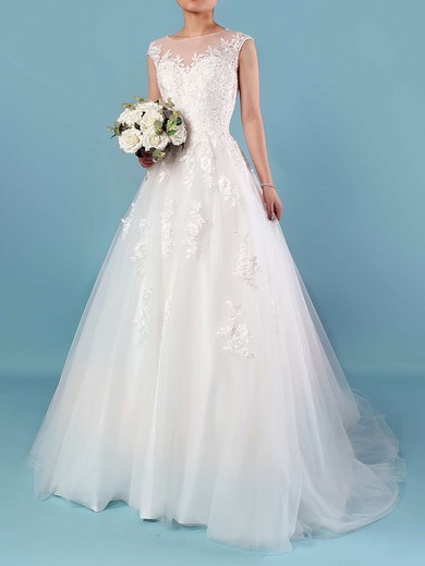 Ball Gown Illusion Tulle Sweep Train Wedding Dresses With Appliques Lace #UKM00023174
