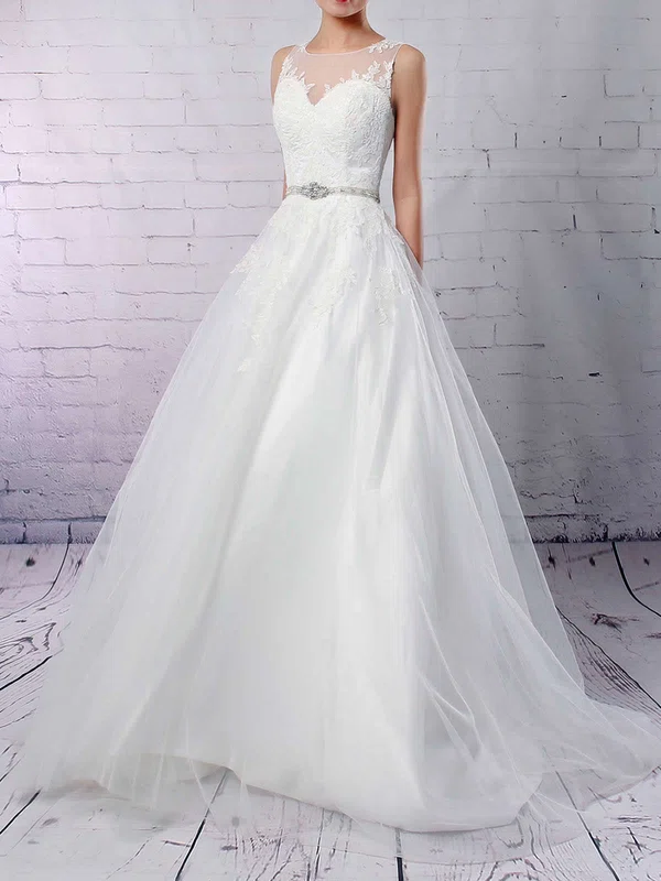 Tulle Scoop Neck Princess Sweep Train Beading Wedding Dresses #UKM00023178