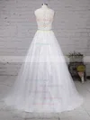 Tulle Scoop Neck Princess Sweep Train Beading Wedding Dresses #UKM00023178