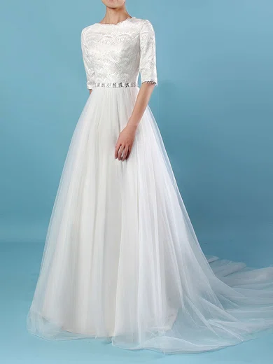Ball Gown/Princess scoop Neck Tulle Sweep Train Wedding Dresses With Beading #UKM00023179