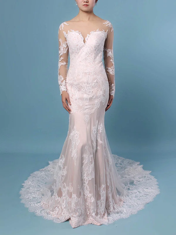 Trumpet/Mermaid Illusion Tulle Sweep Train Wedding Dresses With Appliques Lace #UKM00023183