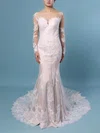 Tulle Scoop Neck Trumpet/Mermaid Sweep Train Appliques Lace Wedding Dresses #UKM00023183