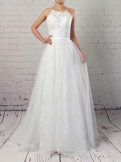 Ball Gown Scoop Neck Lace Tulle Sweep Train Wedding Dresses With Sashes / Ribbons #UKM00023184