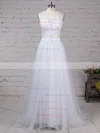 Lace Tulle Scoop Neck A-line Sweep Train Appliques Lace Wedding Dresses #UKM00023184
