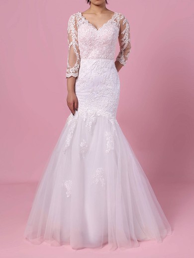 Trumpet/Mermaid V-neck Tulle Sweep Train Wedding Dresses With Appliques Lace #UKM00023194