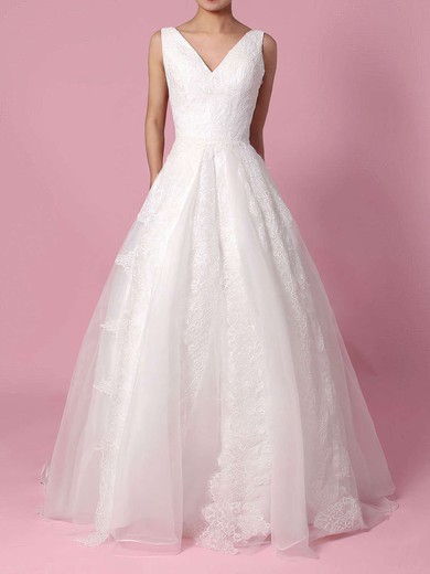 Ball Gown V-neck Organza Sweep Train Wedding Dresses With Appliques Lace #UKM00023195