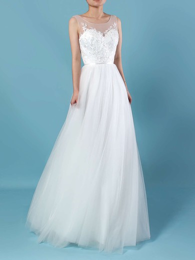 Ball Gown Illusion Tulle Sweep Train Wedding Dresses With Appliques Lace #UKM00023205