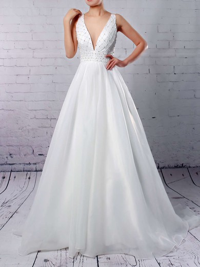 Ball Gown V-neck Organza Sweep Train Wedding Dresses With Pockets #UKM00023224