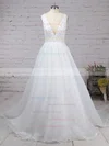 Organza Tulle V-neck Ball Gown Sweep Train Beading Wedding Dresses #UKM00023224