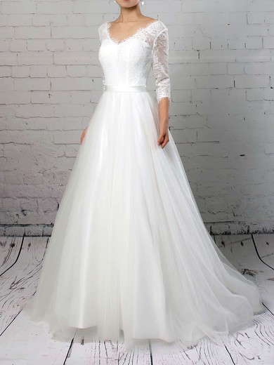 Ball Gown V-neck Lace Tulle Sweep Train Wedding Dresses With Sashes / Ribbons #UKM00023226