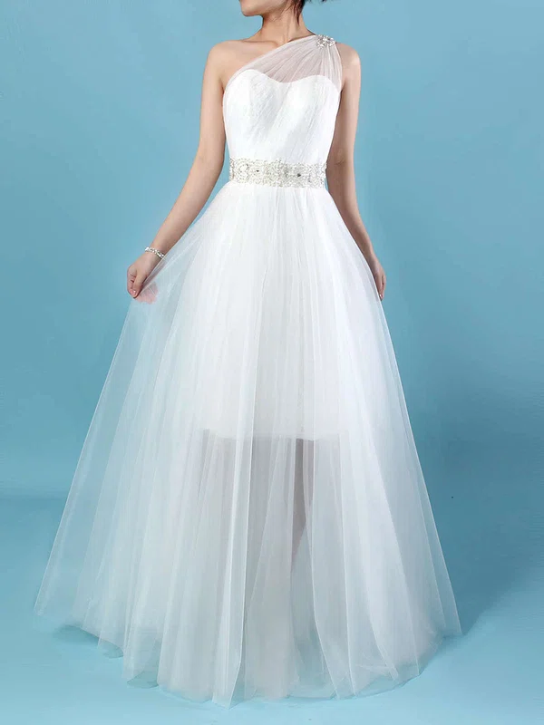 Lace Tulle One Shoulder Princess Ankle-length Beading Wedding Dresses #UKM00023245