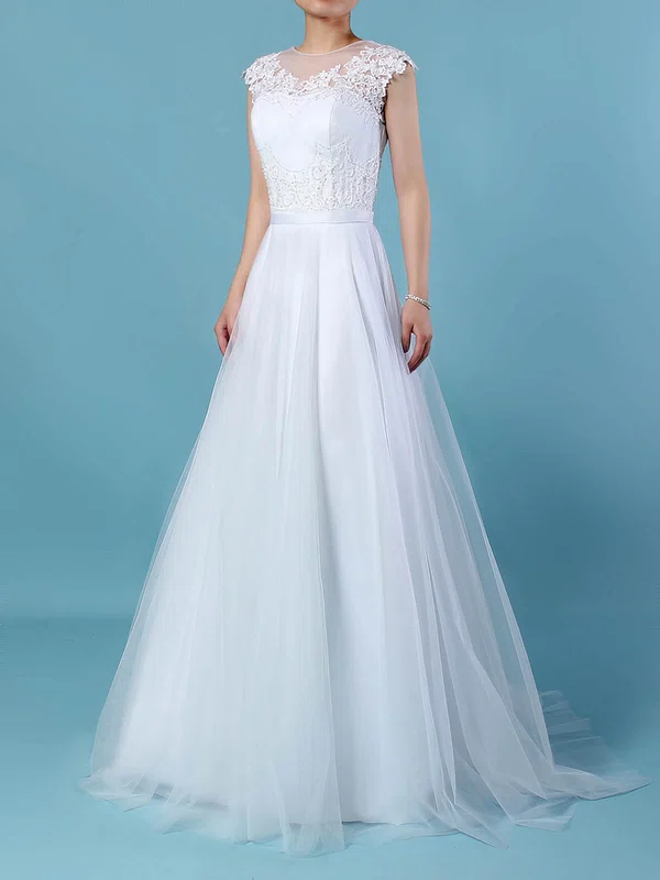 Ball Gown Illusion Tulle Sweep Train Wedding Dresses With Appliques Lace #UKM00023248