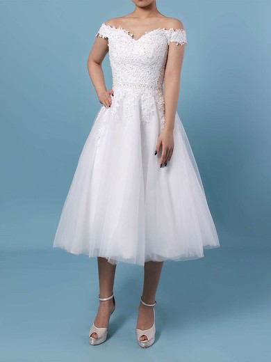 Ball Gown Off-the-shoulder Tulle Tea-length Wedding Dresses With Beading #UKM00023267