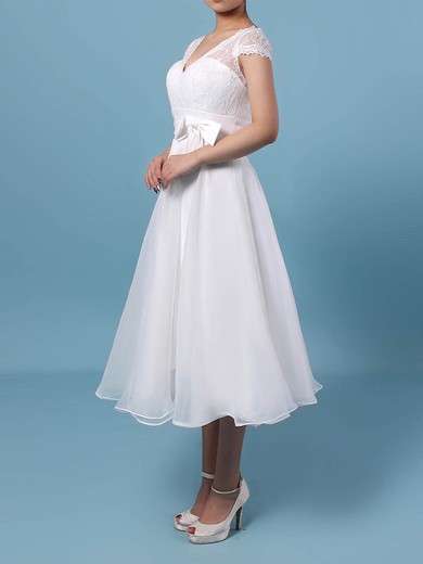 A-line V-neck Lace Chiffon Tea-length Wedding Dresses With Sashes / Ribbons #UKM00023270