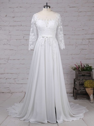 A-line Illusion Chiffon Sweep Train Wedding Dresses With Split Front #UKM00023290