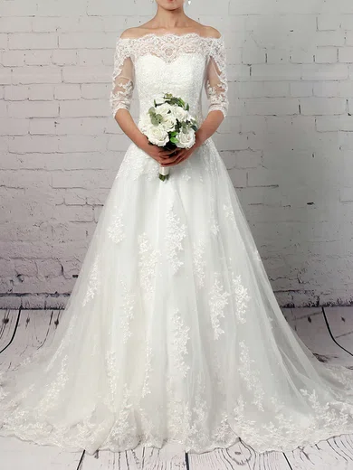 Ball Gown/Princess Off-the-shoulder Tulle Sweep Train Wedding Dresses With Appliques Lace #UKM00023304