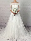 Ball Gown Off-the-shoulder Tulle Sweep Train Wedding Dresses With Appliques Lace #UKM00023304