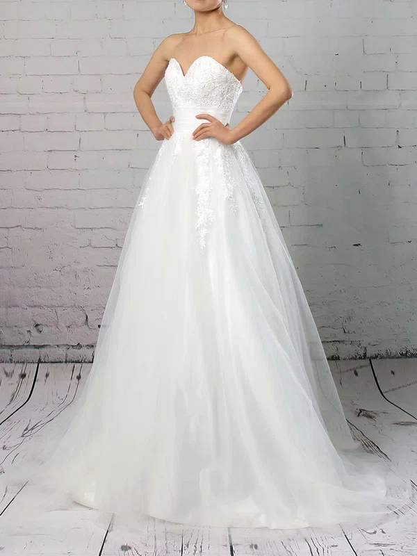 Ball Gown Sweetheart Tulle Sweep Train Wedding Dresses With Appliques Lace #UKM00023320