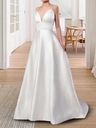 Ball Gown V-neck Satin Sweep Train Wedding Dresses With Pockets #UKM00023123