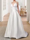 Satin V-neck Princess Sweep Train Pockets Wedding Dresses #UKM00023123