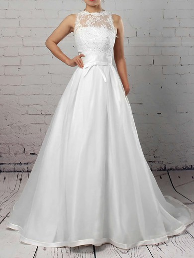 Satin Lace Strapless Ball Gown Court Train Sashes / Ribbons Wedding Dresses #UKM00023262