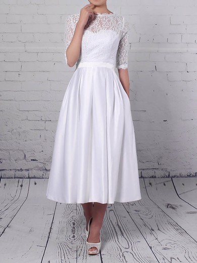A-line Illusion Lace Satin Tea-length Wedding Dresses With Pockets #UKM00023293