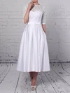 Lace Satin Scoop Neck Princess Tea-length Pockets Wedding Dresses #UKM00023293