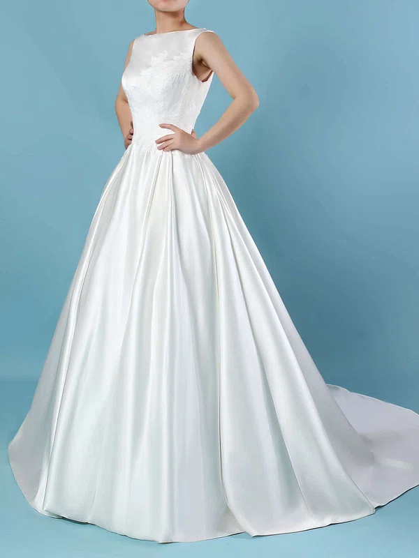 Ball Gown Scoop Neck Satin Sweep Train Wedding Dresses With Pockets #UKM00023317