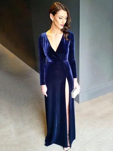 Sheath/Column V-neck Velvet Sweep Train Split Front Prom Dresses #UKM020106116