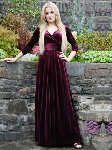 A-line V-neck Velvet Floor-length Prom Dresses #UKM020106121
