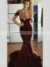 Trumpet/Mermaid V-neck Velvet Sweep Train Appliques Lace Prom Dresses #UKM020106137