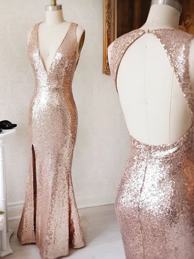 Sheath/Column V-neck Cut Out Sparkly Sequin Prom Dresses #UKM020106164