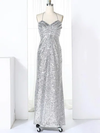 Sheath/Column Halter Sparkly Sequin Prom Dresses With Ruched #UKM020106170