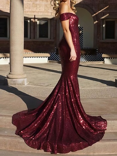 Trumpet/Mermaid Off-the-shoulder Sequined Sweep Train Prom Dresses #UKM020106195