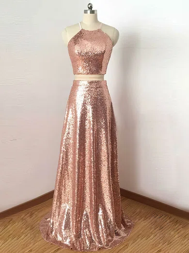 A-line Halter Two Piece Sparkly Sequin Prom Dresses #UKM020106200