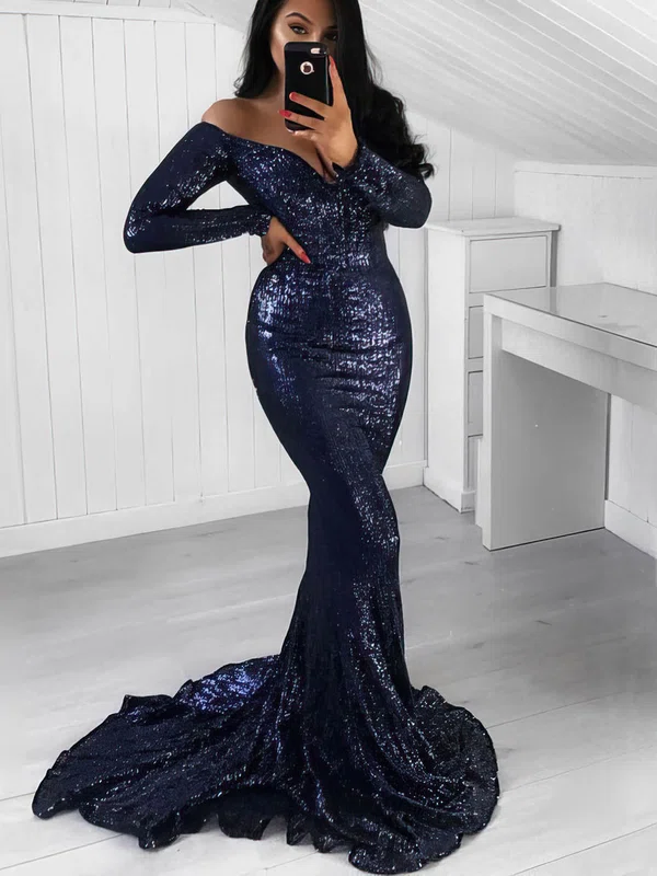 Trumpet/Mermaid Off-the-shoulder Sequined Sweep Train Prom Dresses #UKM020106215