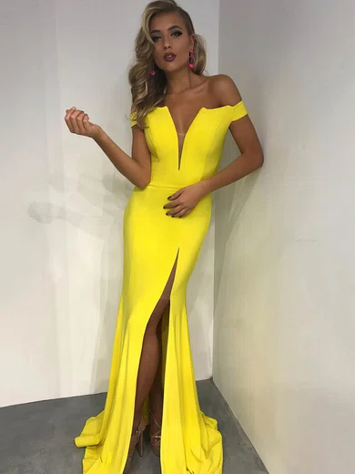 Trumpet/Mermaid Off-the-shoulder Jersey Sweep Train Split Front Prom Dresses #UKM020106234