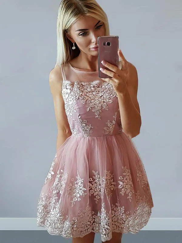 A-line Scoop Neck Tulle Short/Mini Appliques Lace Short Prom Dresses #UKM020106296