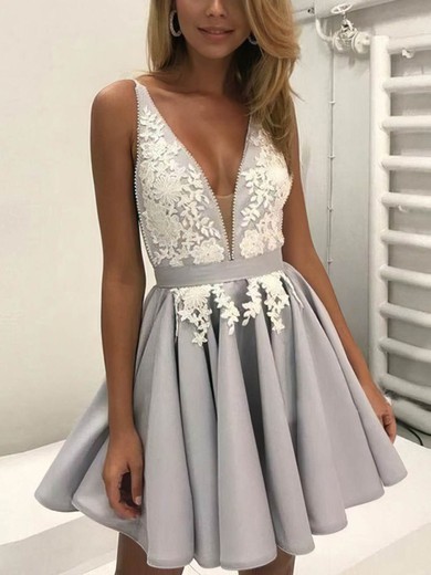 A-line V-neck Satin Short/Mini Lace Short Prom Dresses #UKM020106298