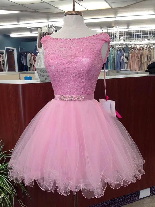 Lace Tulle Scoop Neck Ball Gown Short/Mini Beading Prom Dresses #UKM020106328