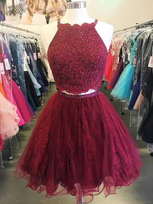 Lace Tulle Halter Princess Short/Mini Beading Prom Dresses #UKM020106333