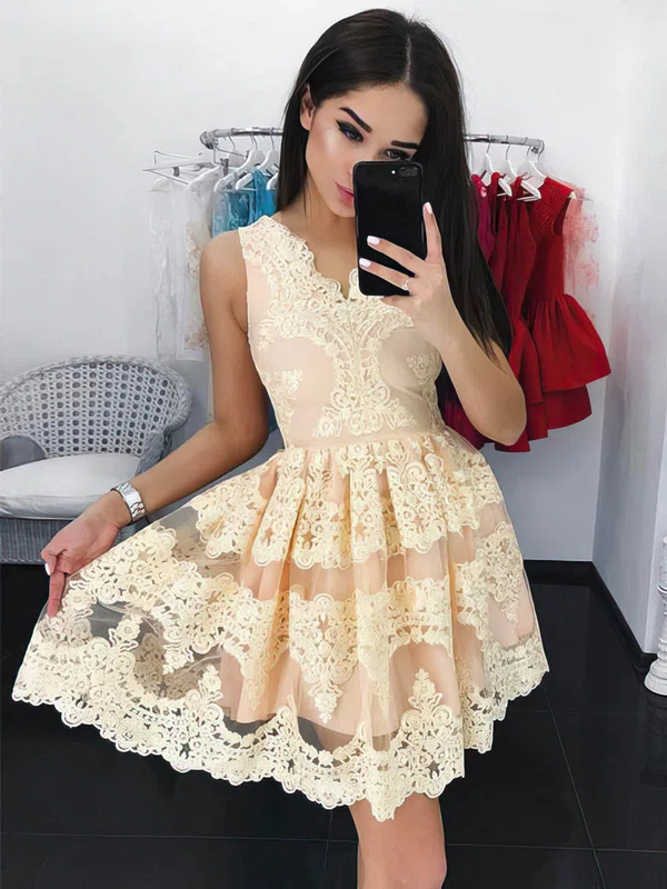 A-line V-neck Lace Short/Mini Short Prom Dresses #UKM020106334