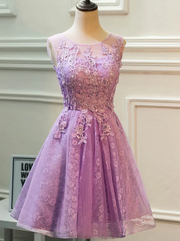 A-line Scoop Neck Lace Tulle Knee-length Beading Short Prom Dresses #UKM020106337